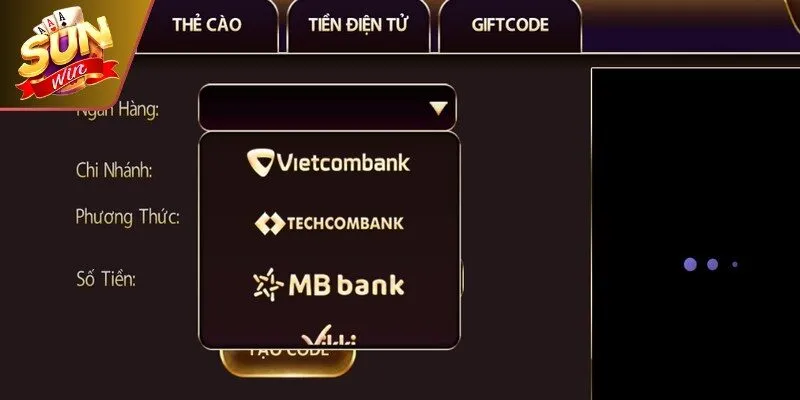 Giao diện các phương thức nạp tiền Sunwin đa dạng và rất dễ sử dụng
